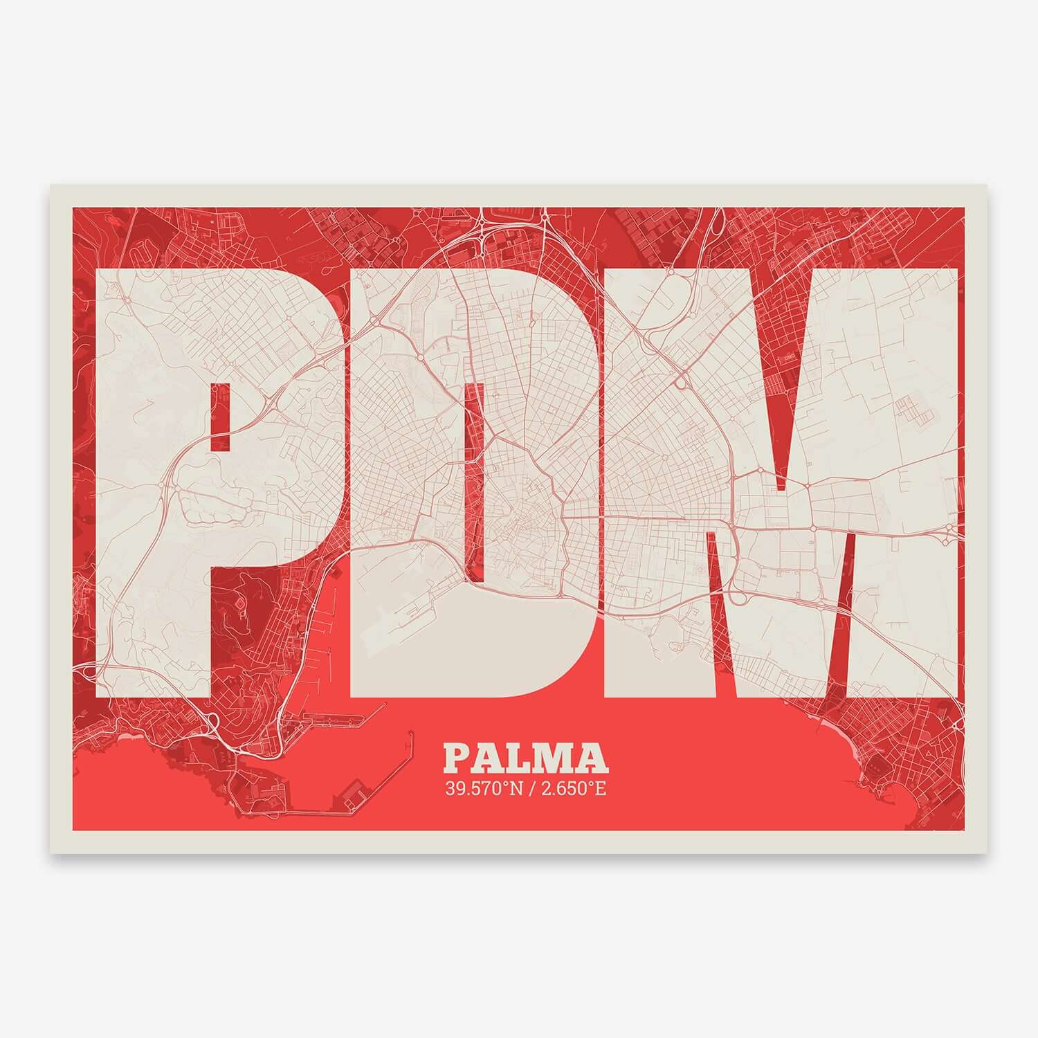 The map of Palma composed with letters in a heavy geometric font printed on red and an off-white background