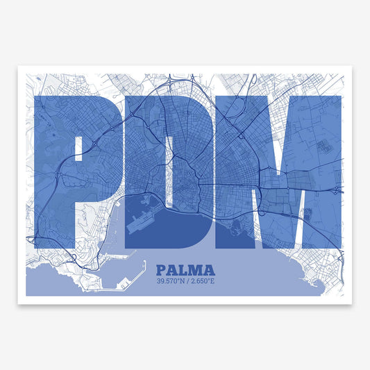 The map of Palma composed with letters in a heavy geometric font printed on navy blue and white