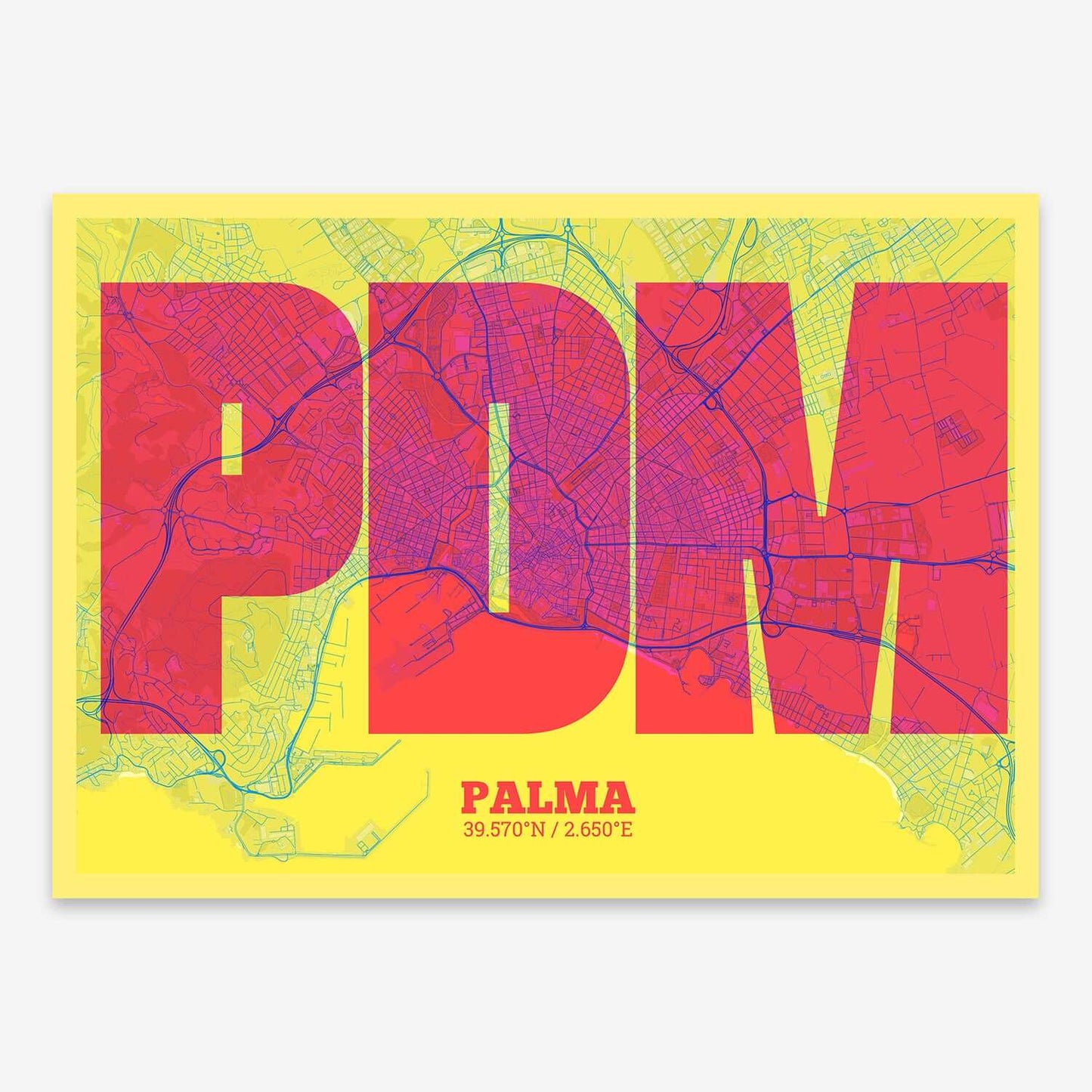 The map of Palma composed with letters in a heavy geometric font printed on yellow and fuchsia