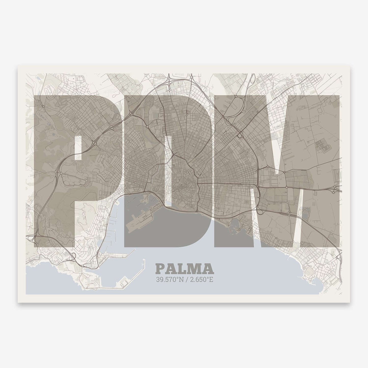The map of Palma composed with letters in a heavy geometric font printed on light brown and an off-white background