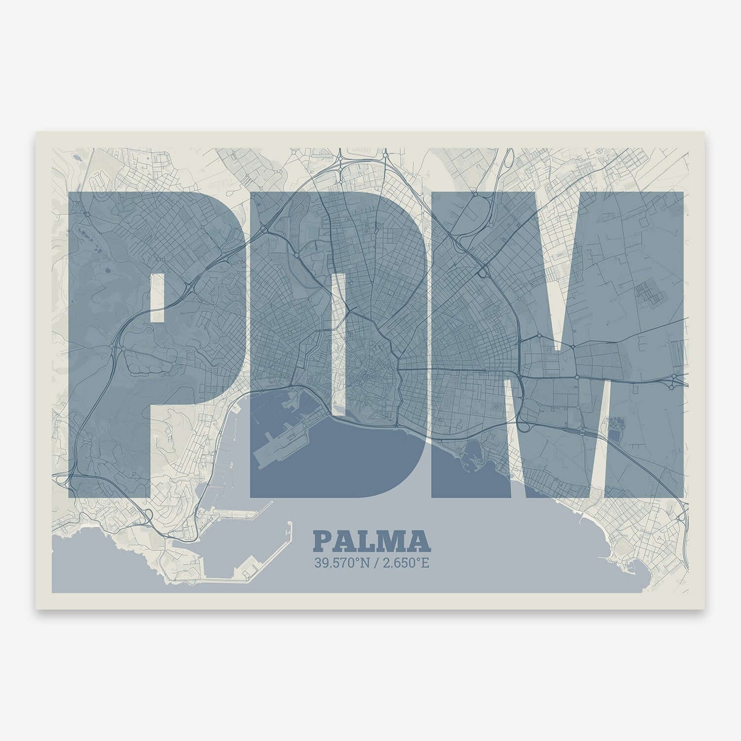 The map of Palma composed with letters in a heavy geometric font printed on bluish gray and an off-white background