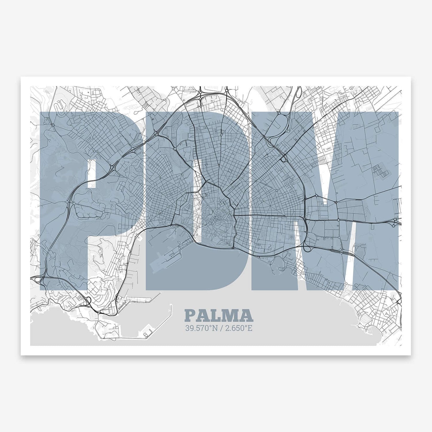 The map of Palma composed with letters in a heavy geometric font printed on black and white