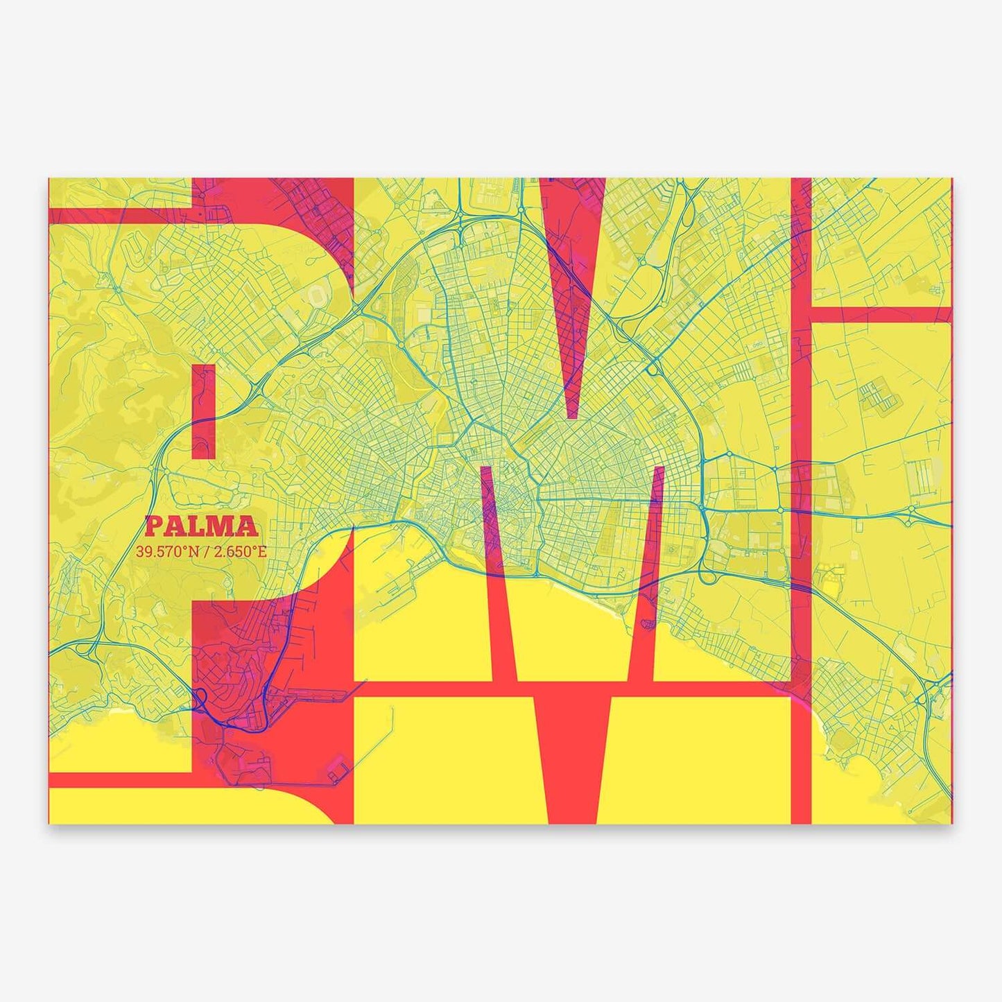 The map of Palma composed with letters from its name or IATA code printed on yellow and fuchsia