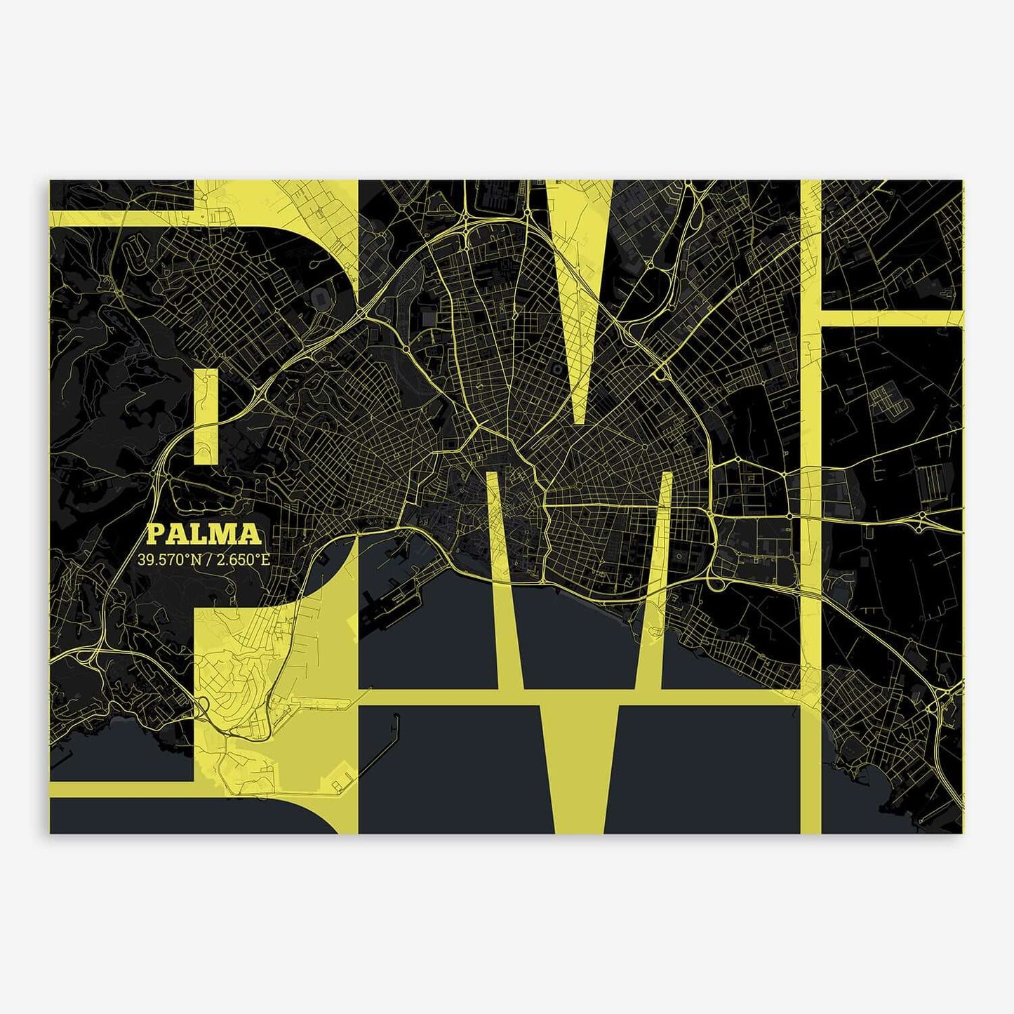 The map of Palma composed with letters from its name or IATA code printed on black and yellow