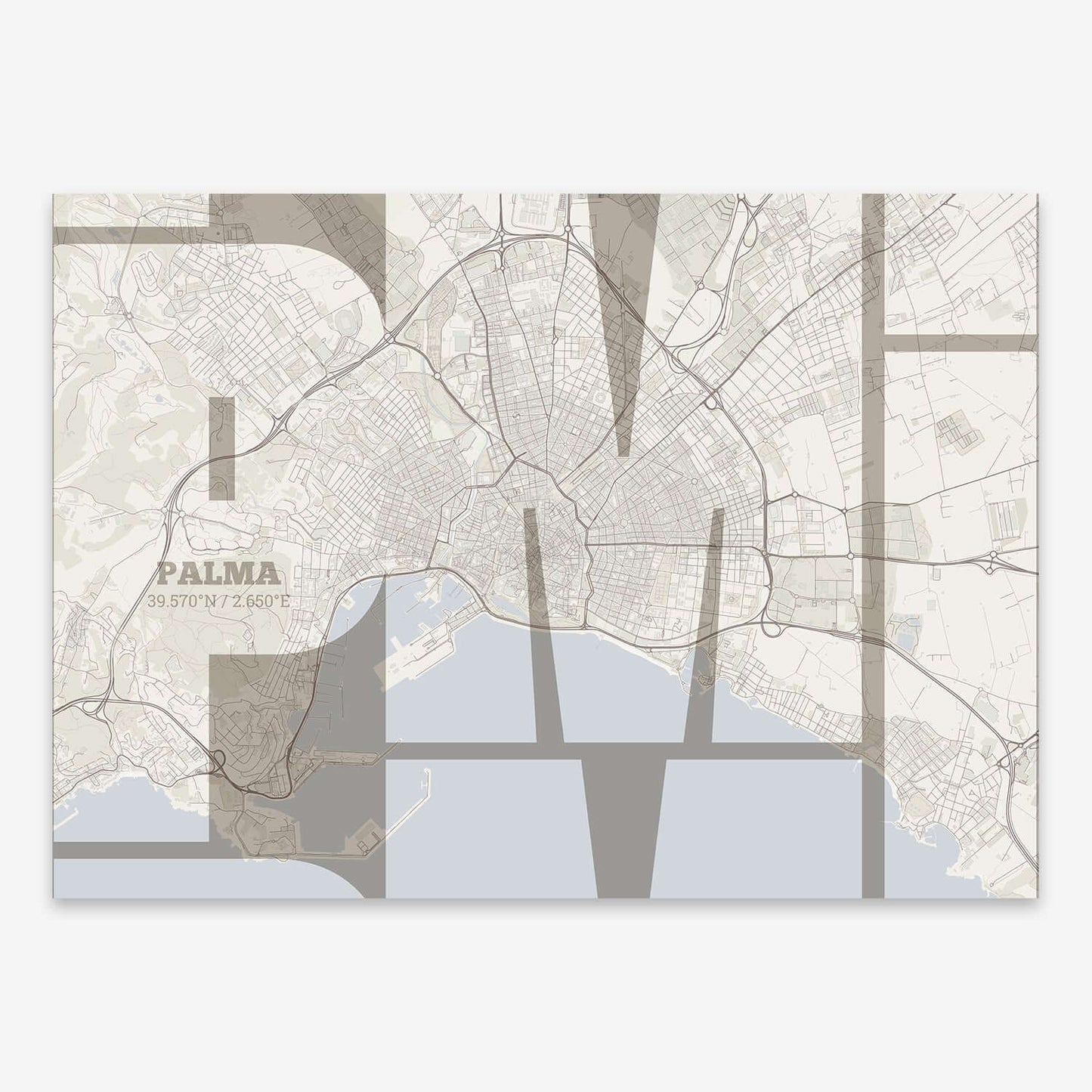 The map of Palma composed with letters from its name or IATA code printed on light brown and an off-white background