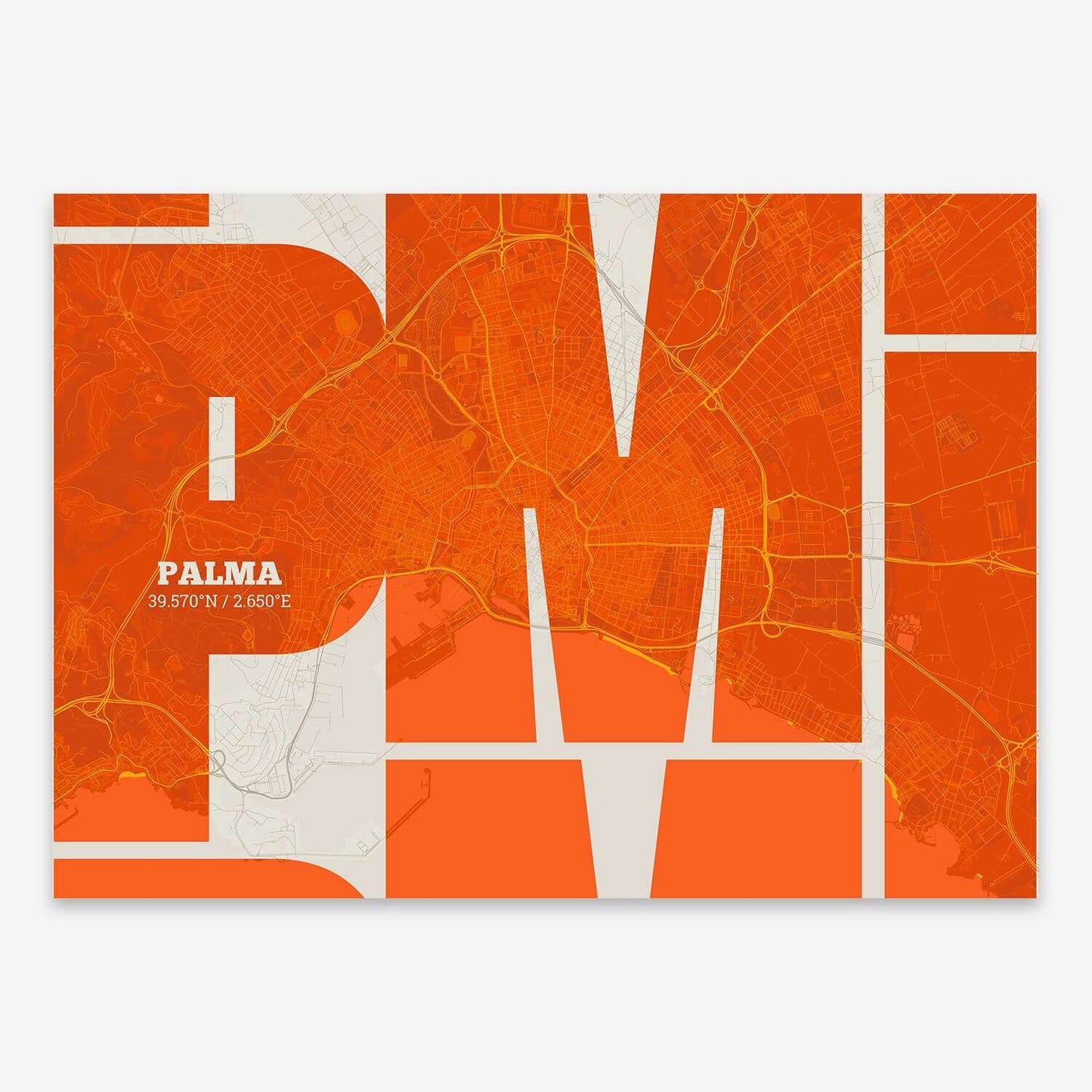 The map of Palma composed with letters from its name or IATA code printed on orange and an off-white background