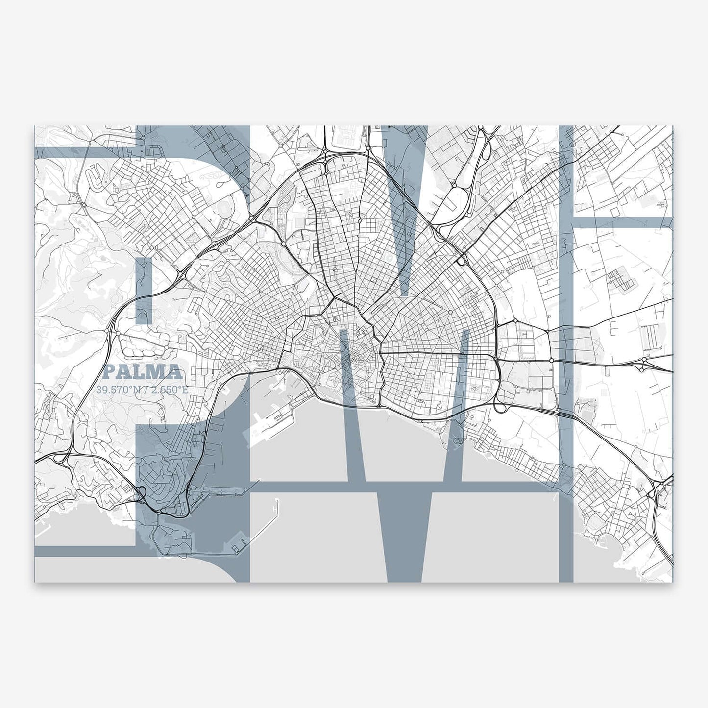 The map of Palma composed with letters from its name or IATA code printed on black and white
