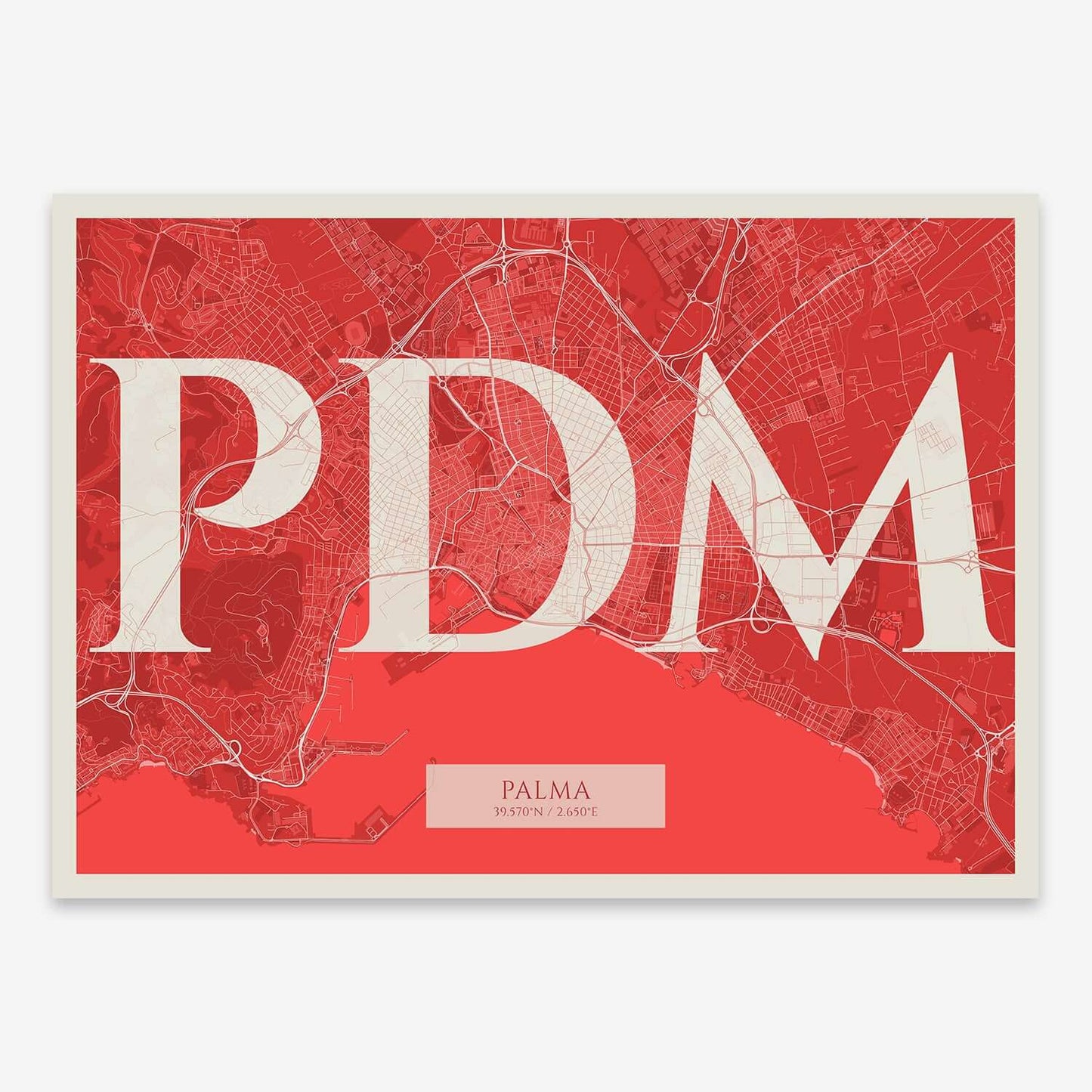 The map of Palma composed with letters in serif font printed on red and an off-white background