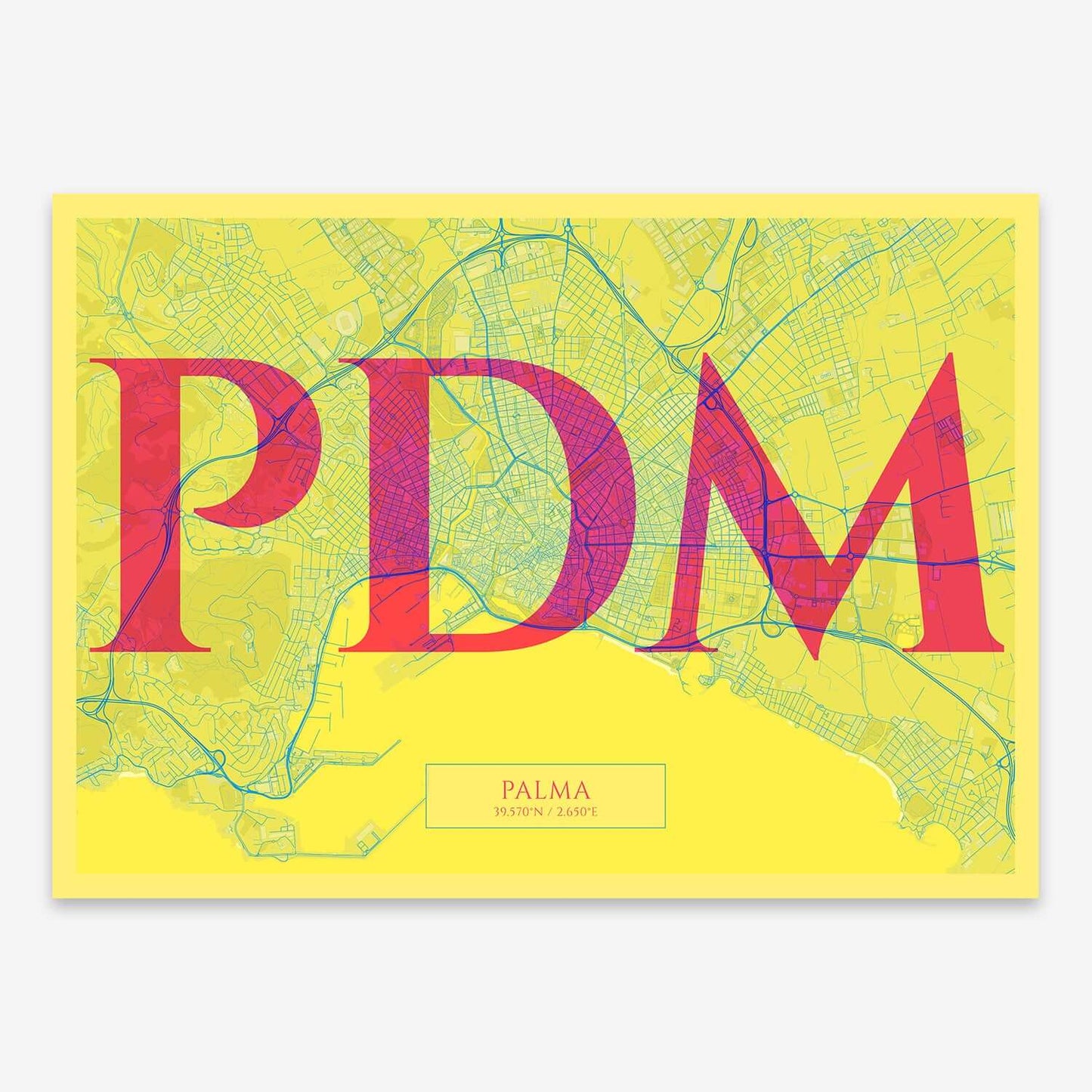 The map of Palma composed with letters in serif font printed on yellow and fuchsia