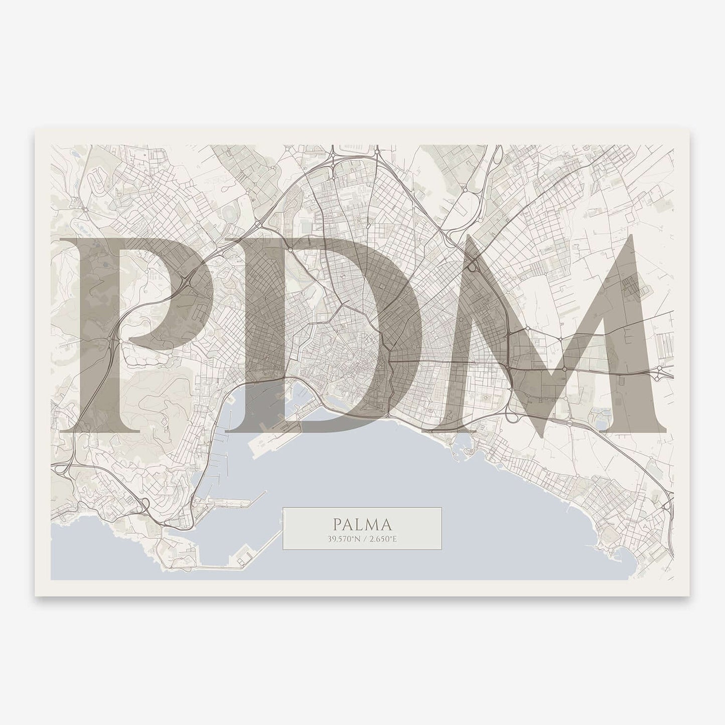 The map of Palma composed with letters in serif font printed on light brown and an off-white background