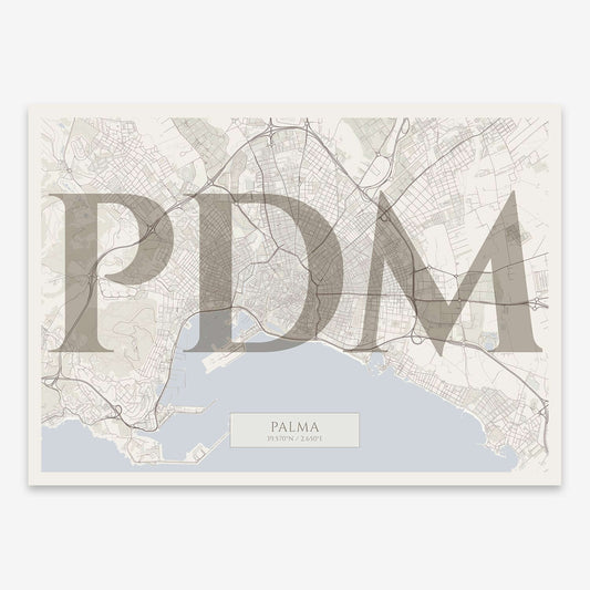 The map of Palma composed with letters in serif font printed on light brown and an off-white background