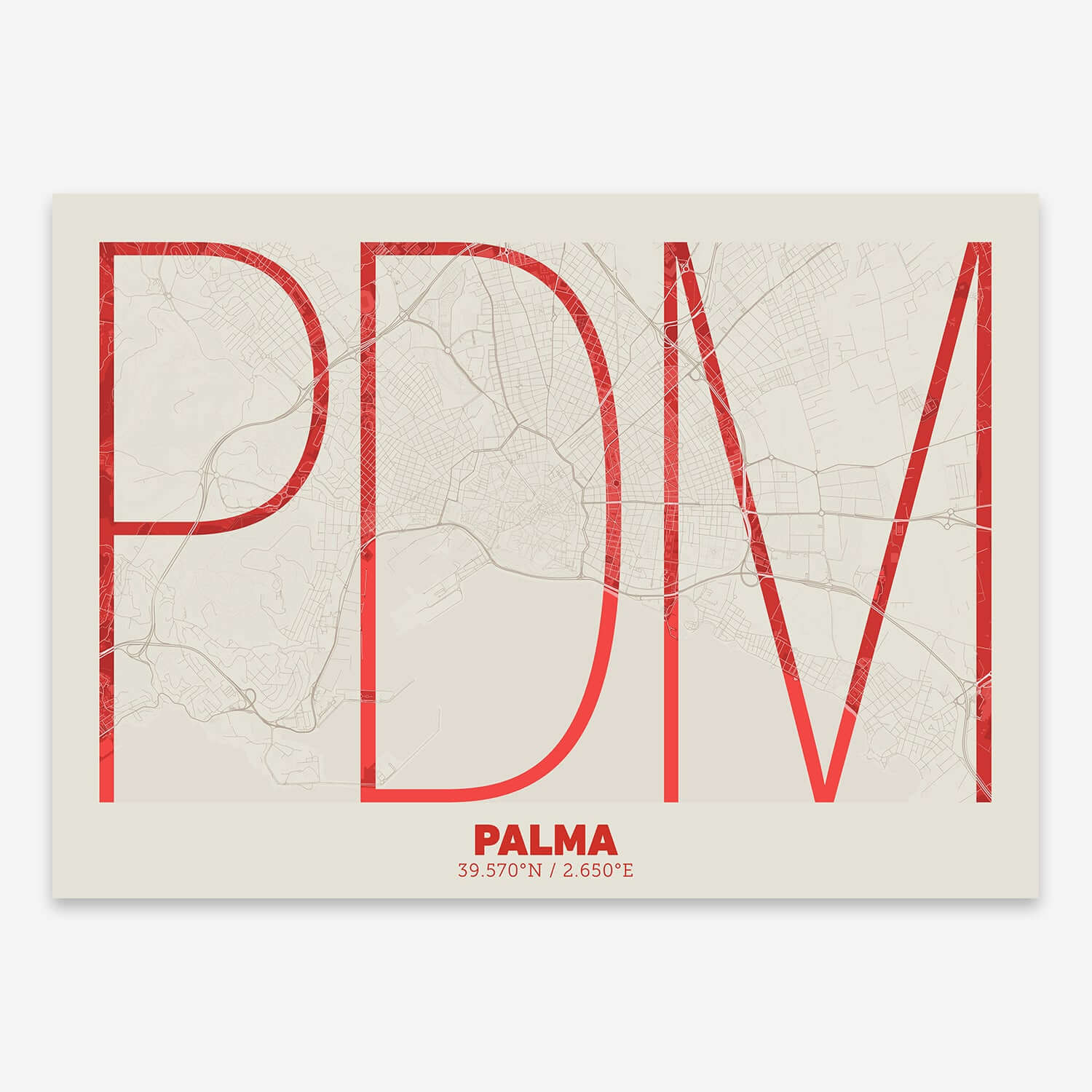 The map of Palma composed with letters in extra light font printed on red and an off-white background