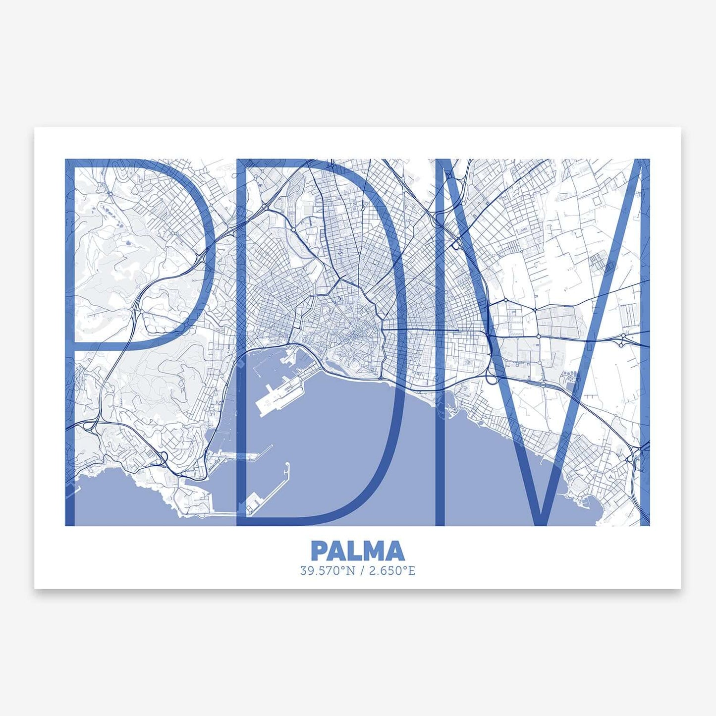 The map of Palma composed with letters in extra light font printed on navy blue and white