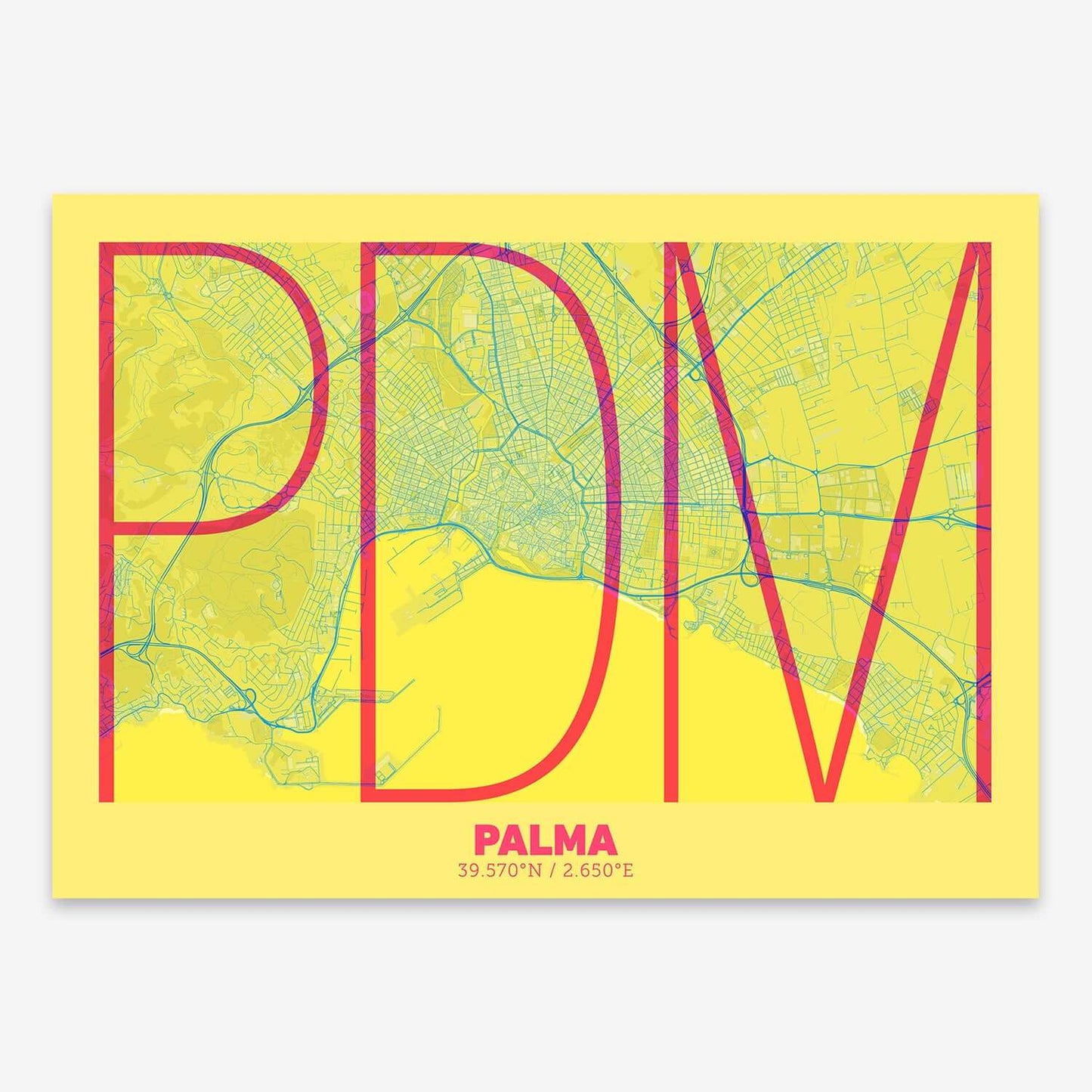 The map of Palma composed with letters in extra light font printed on yellow and fuchsia