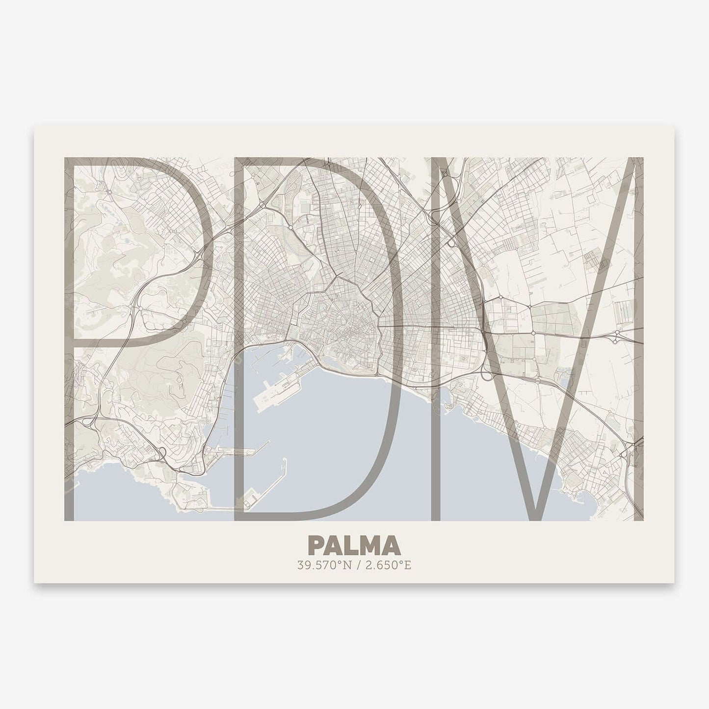 The map of Palma composed with letters in extra light font printed on light brown and an off-white background