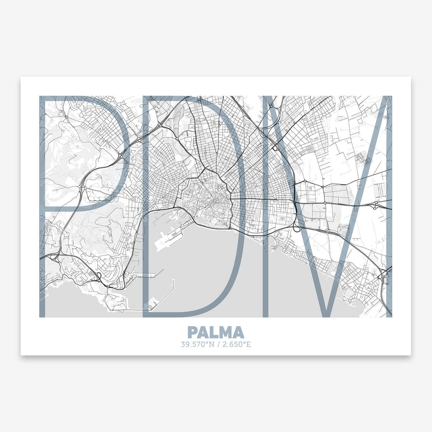 The map of Palma composed with letters in extra light font printed on black and white