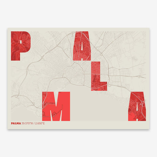 The map of Palma with letters of its name placed randomly, designed in red and an off-white background