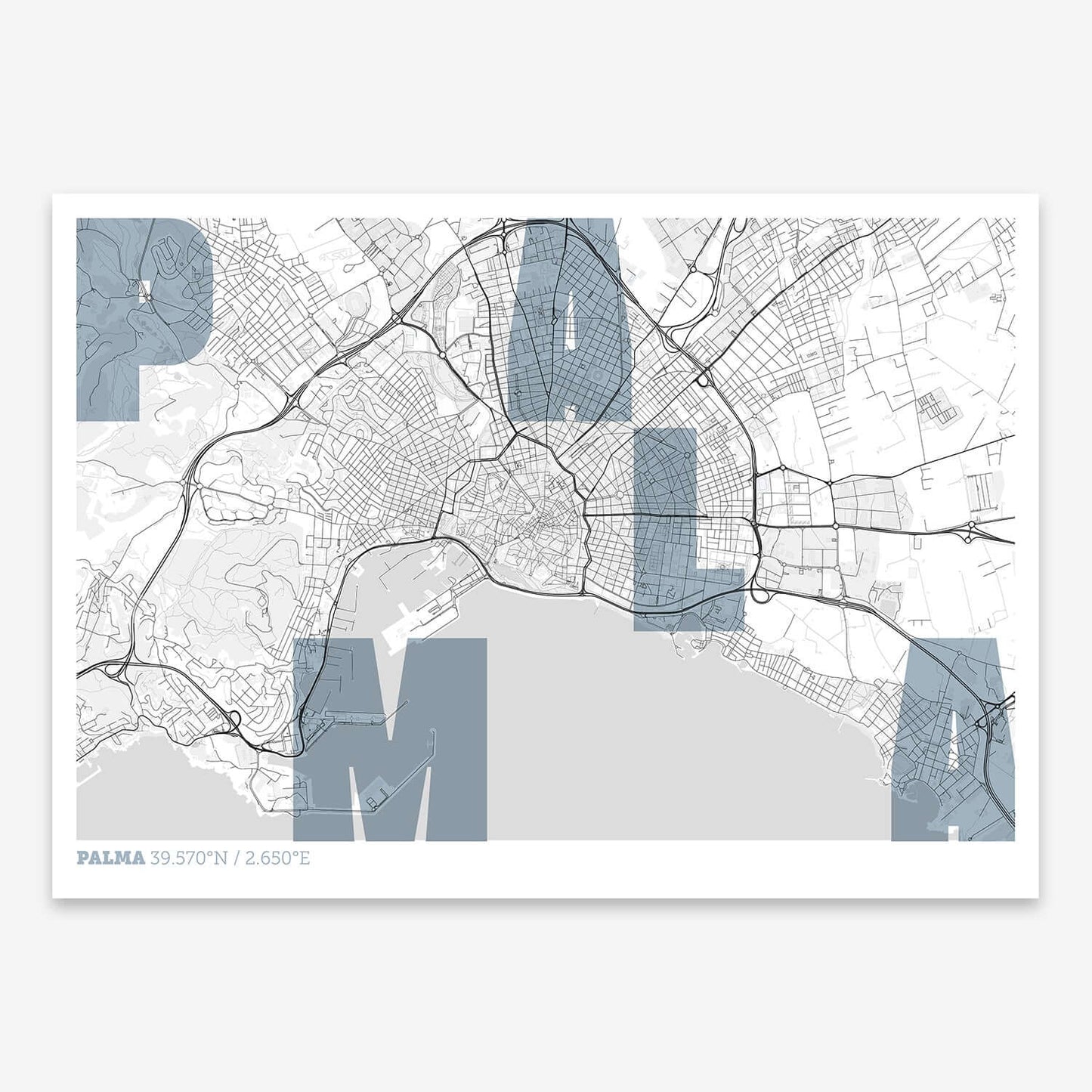 The map of Palma with letters of its name placed randomly, designed in black and white