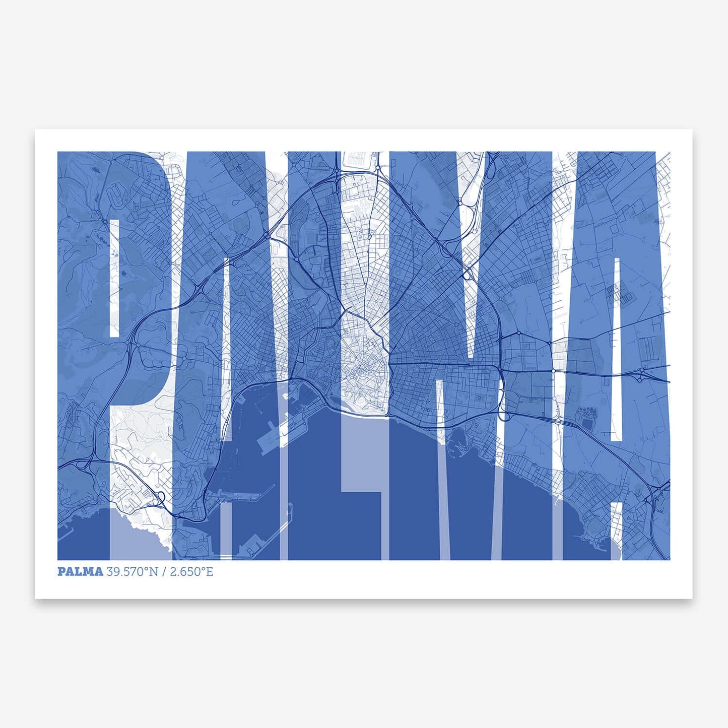 The map of Palma and letters of its name in a giclée print designed in navy blue and white