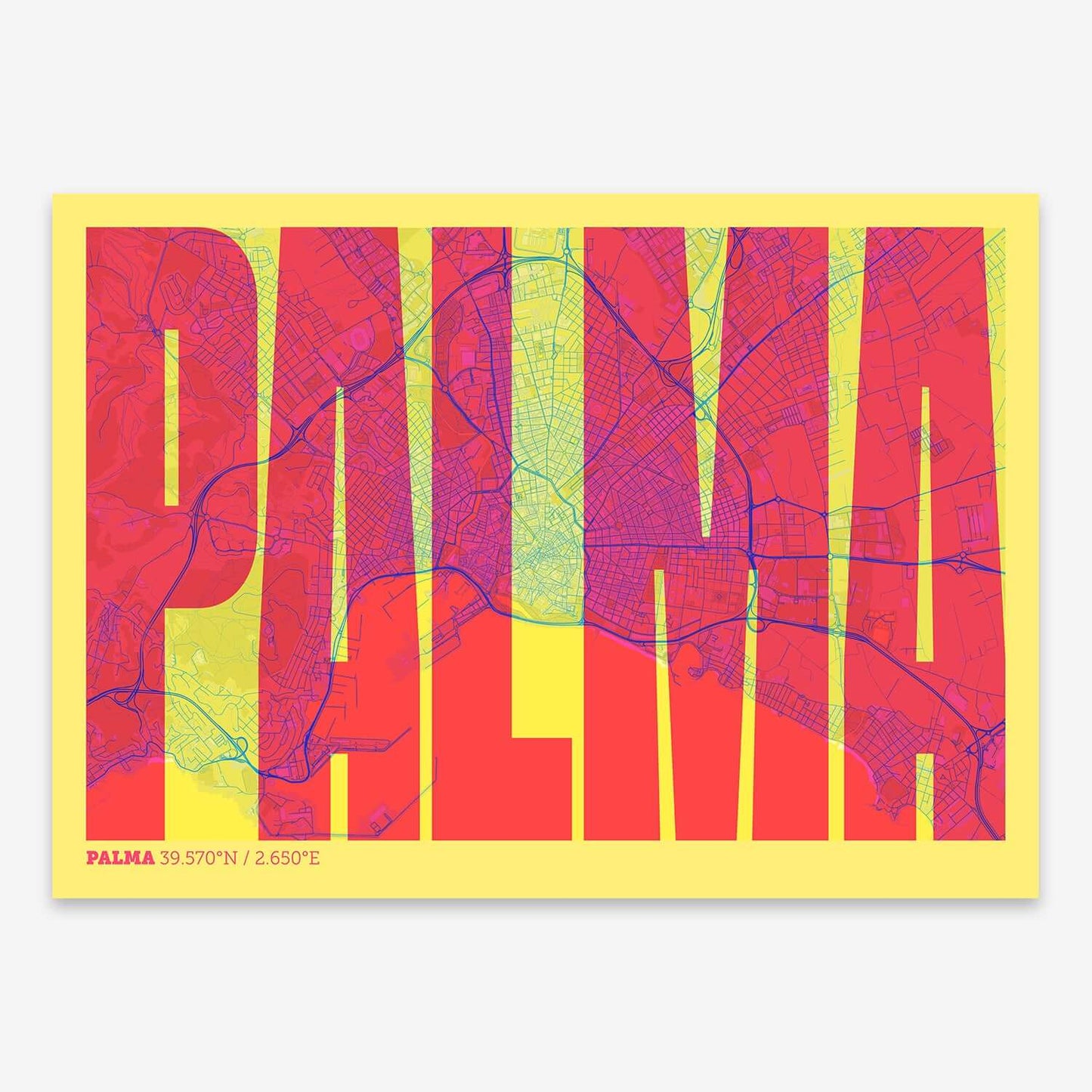 The map of Palma and letters of its name in a giclée print designed in yellow and fuchsia