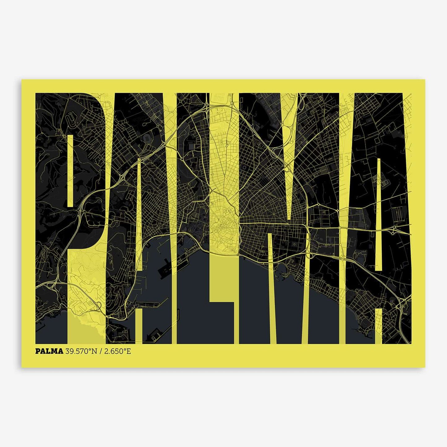 The map of Palma and letters of its name in a giclée print designed in black and yellow