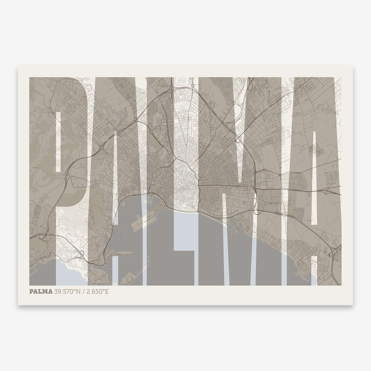 The map of Palma and letters of its name in a giclée print designed in light brown and an off-white background