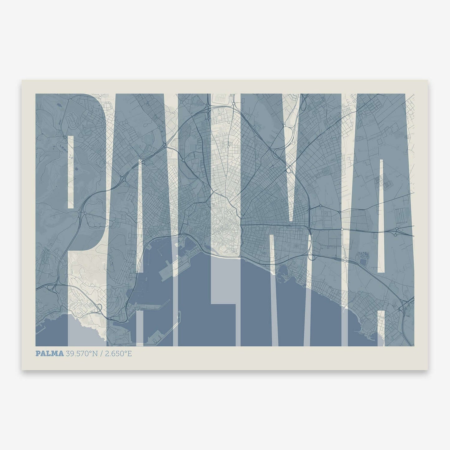 The map of Palma and letters of its name in a giclée print designed in bluish gray and an off-white background