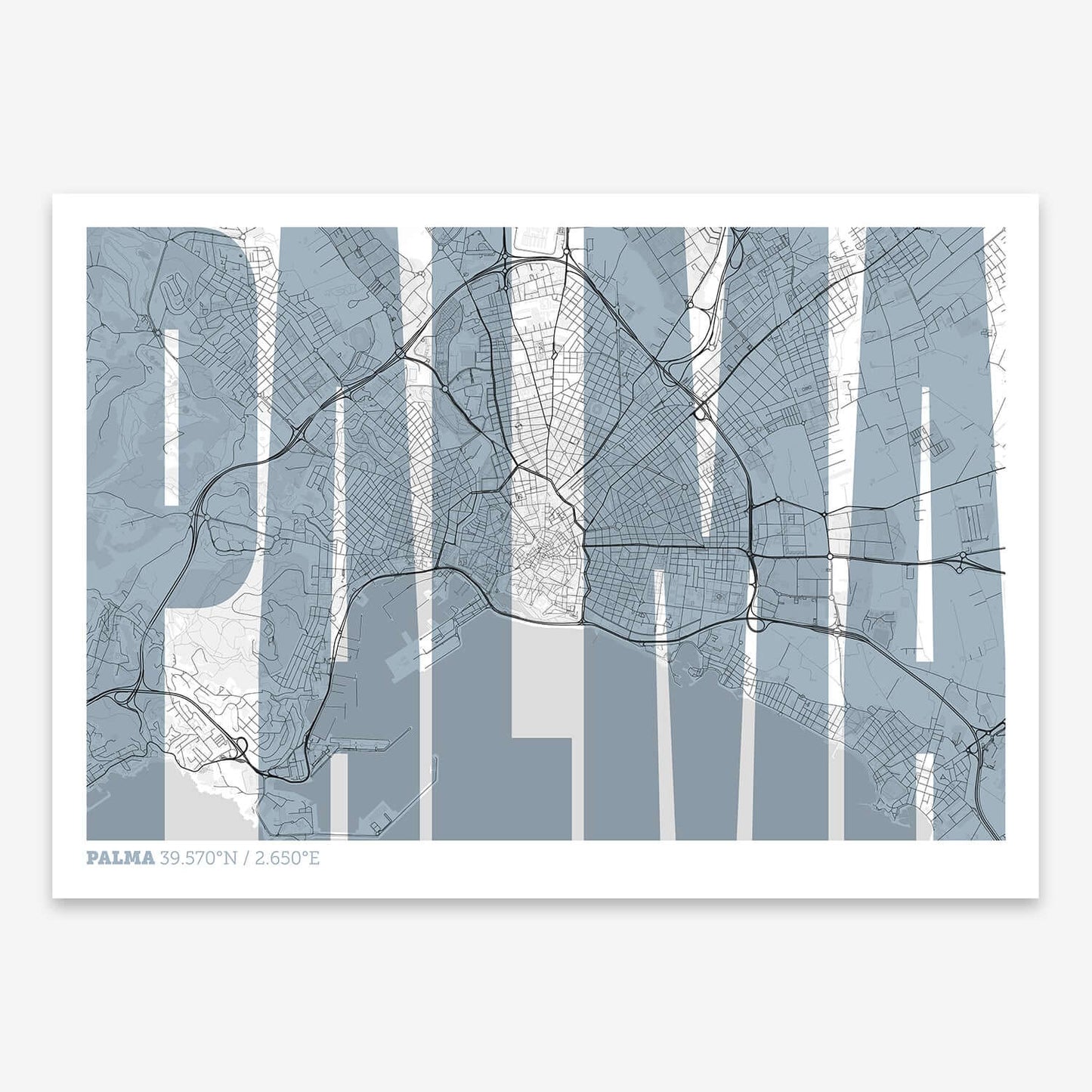 The map of Palma and letters of its name in a giclée print designed in black and white