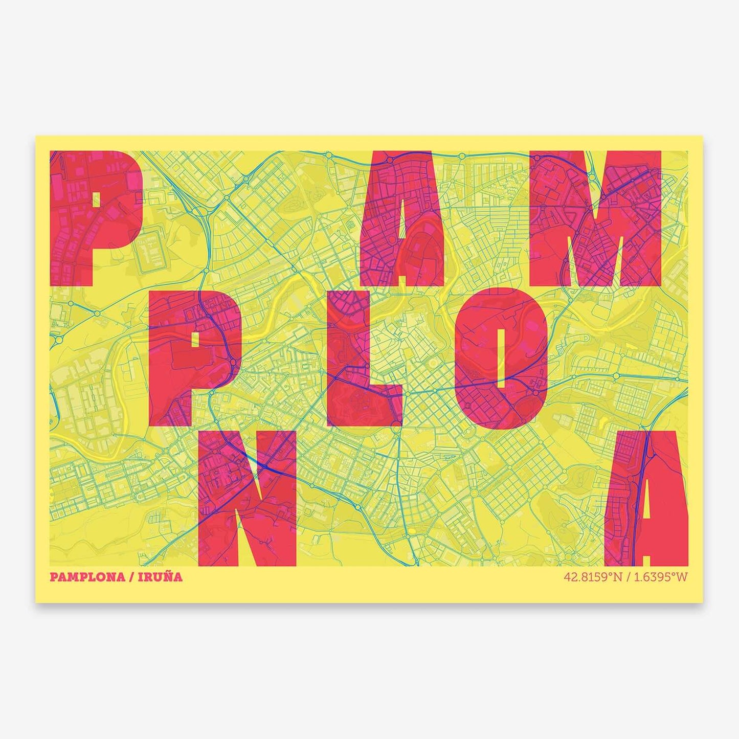 Lámina creativa de Pamplona – Diseño gráfico y tipografía sobre mapa