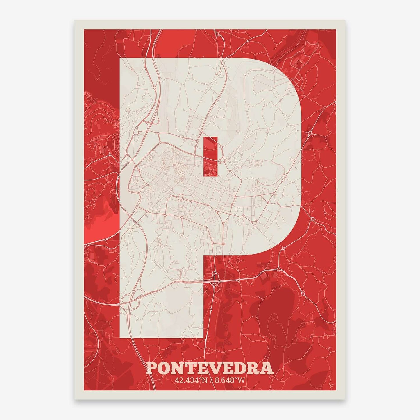The map of Pontevedra composed with letters in a heavy geometric font printed on red and an off-white background