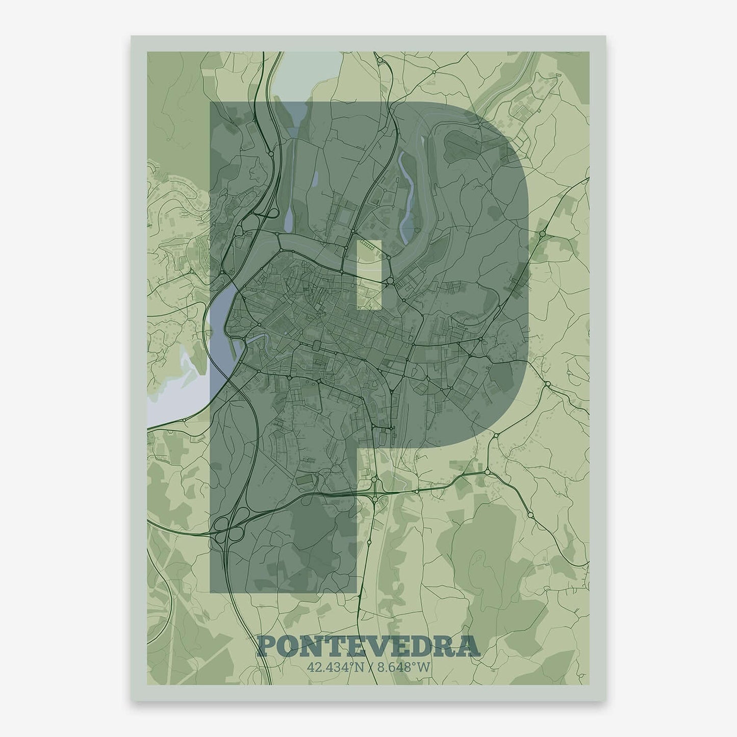 The map of Pontevedra composed with letters in a heavy geometric font printed on two green tones