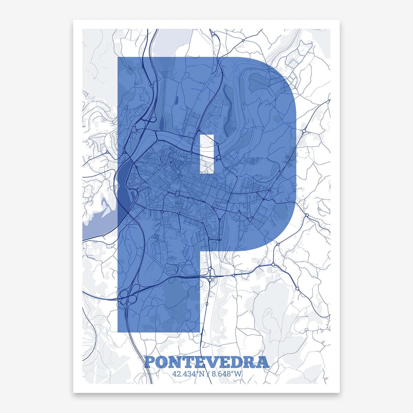 The map of Pontevedra composed with letters in a heavy geometric font printed on navy blue and white