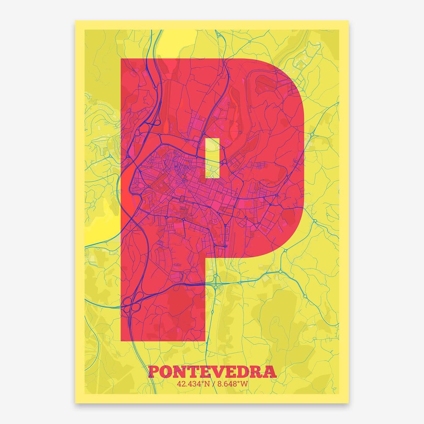 The map of Pontevedra composed with letters in a heavy geometric font printed on yellow and fuchsia