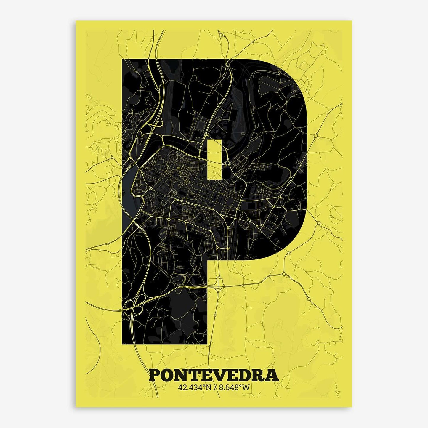 The map of Pontevedra composed with letters in a heavy geometric font printed on black and yellow
