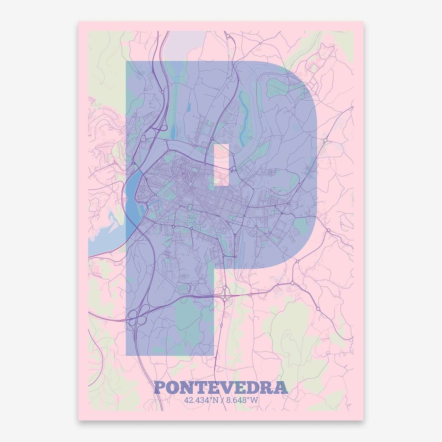 The map of Pontevedra composed with letters in a heavy geometric font printed on pink and light blue