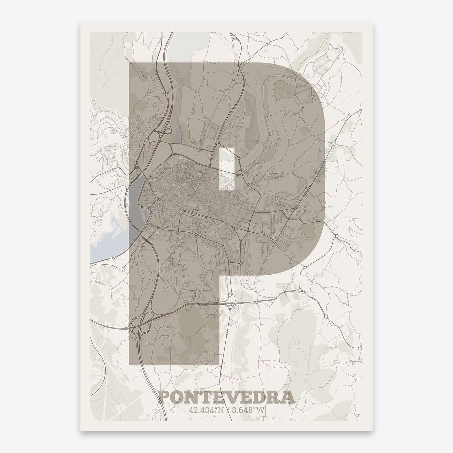 The map of Pontevedra composed with letters in a heavy geometric font printed on light brown and an off-white background