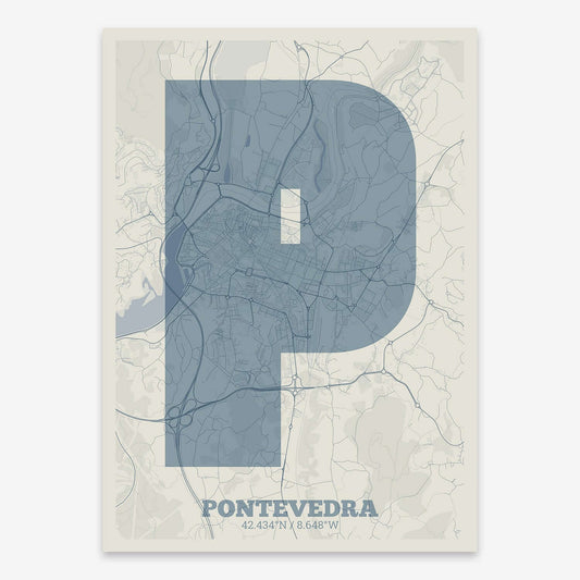 The map of Pontevedra composed with letters in a heavy geometric font printed on bluish gray and an off-white background