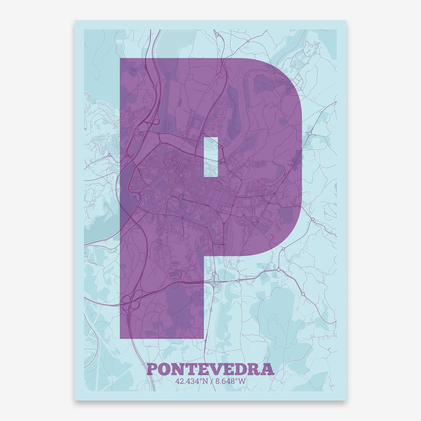 The map of Pontevedra composed with letters in a heavy geometric font printed on purple and light blue