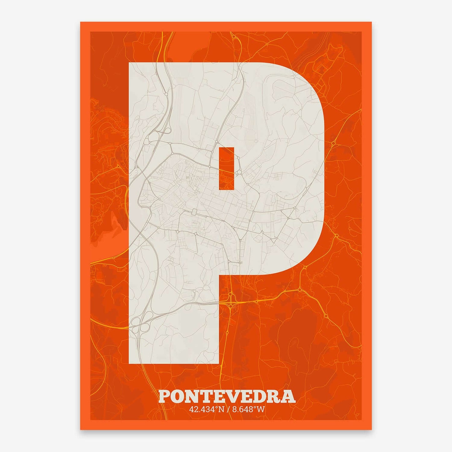 The map of Pontevedra composed with letters in a heavy geometric font printed on orange and an off-white background