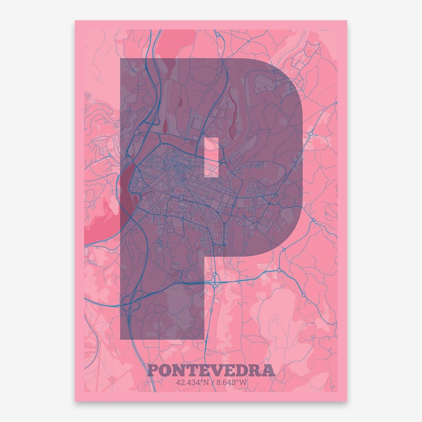 The map of Pontevedra composed with letters in a heavy geometric font printed on violet y pink background