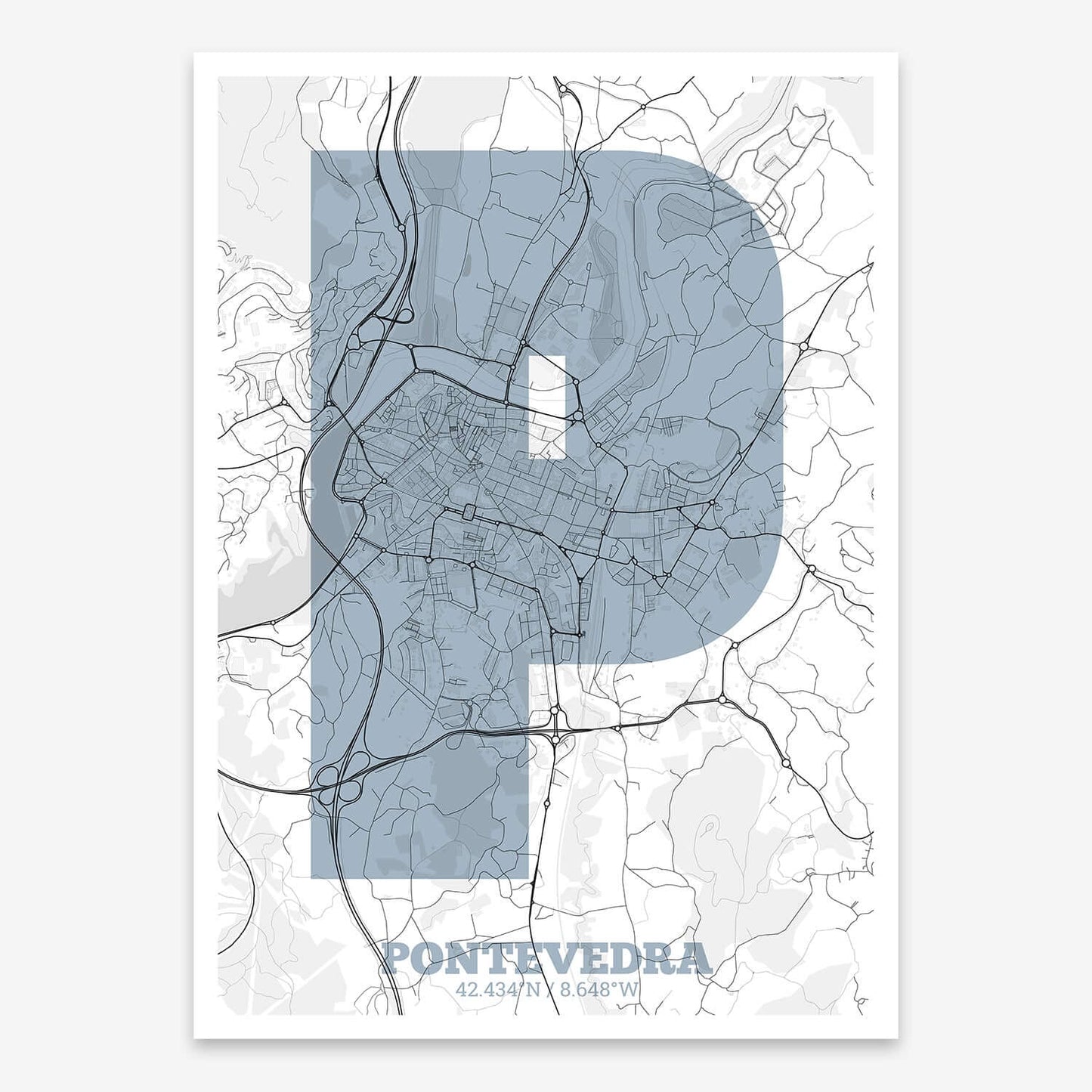 The map of Pontevedra composed with letters in a heavy geometric font printed on black and white