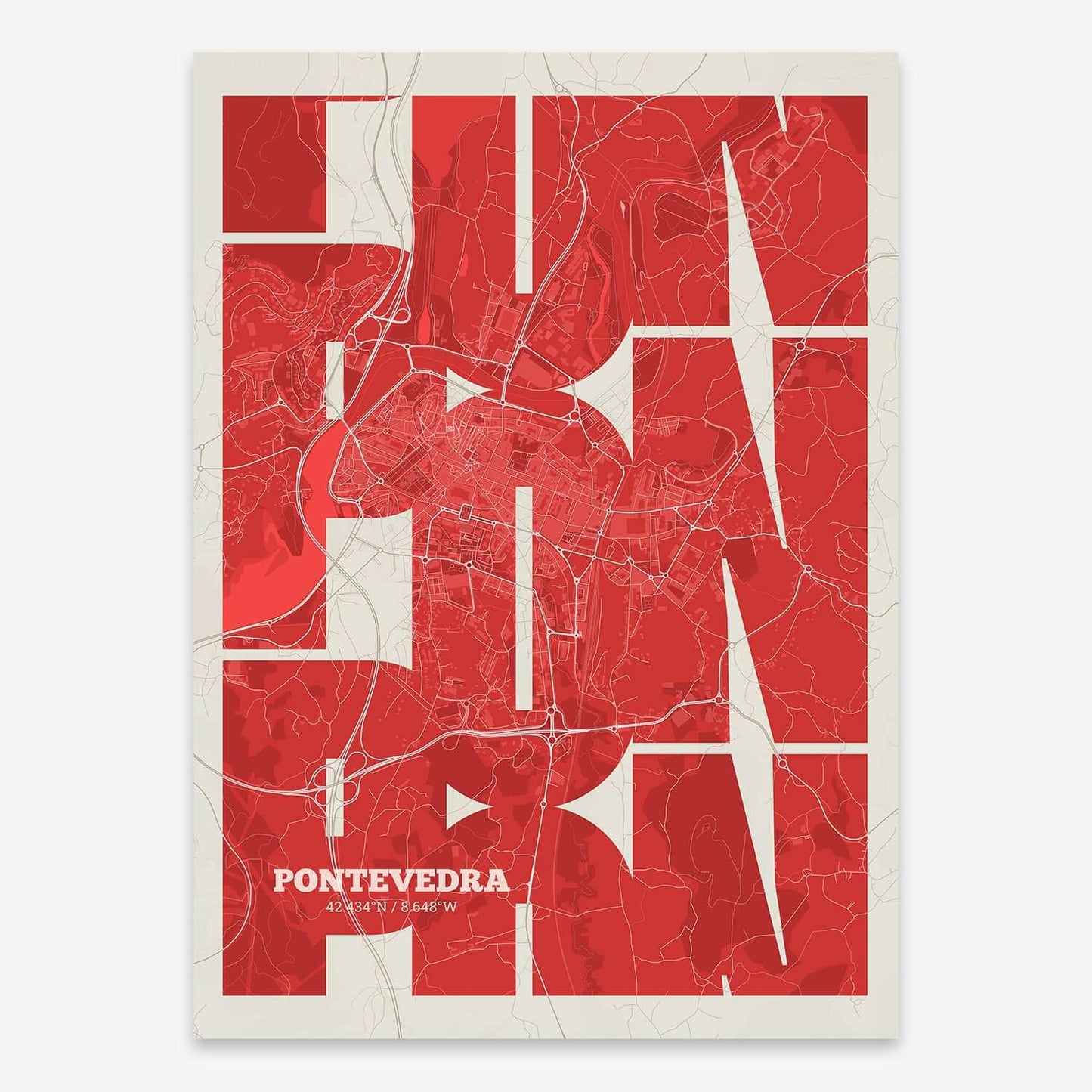 The map of Pontevedra composed with letters from its name or IATA code printed on red and an off-white background