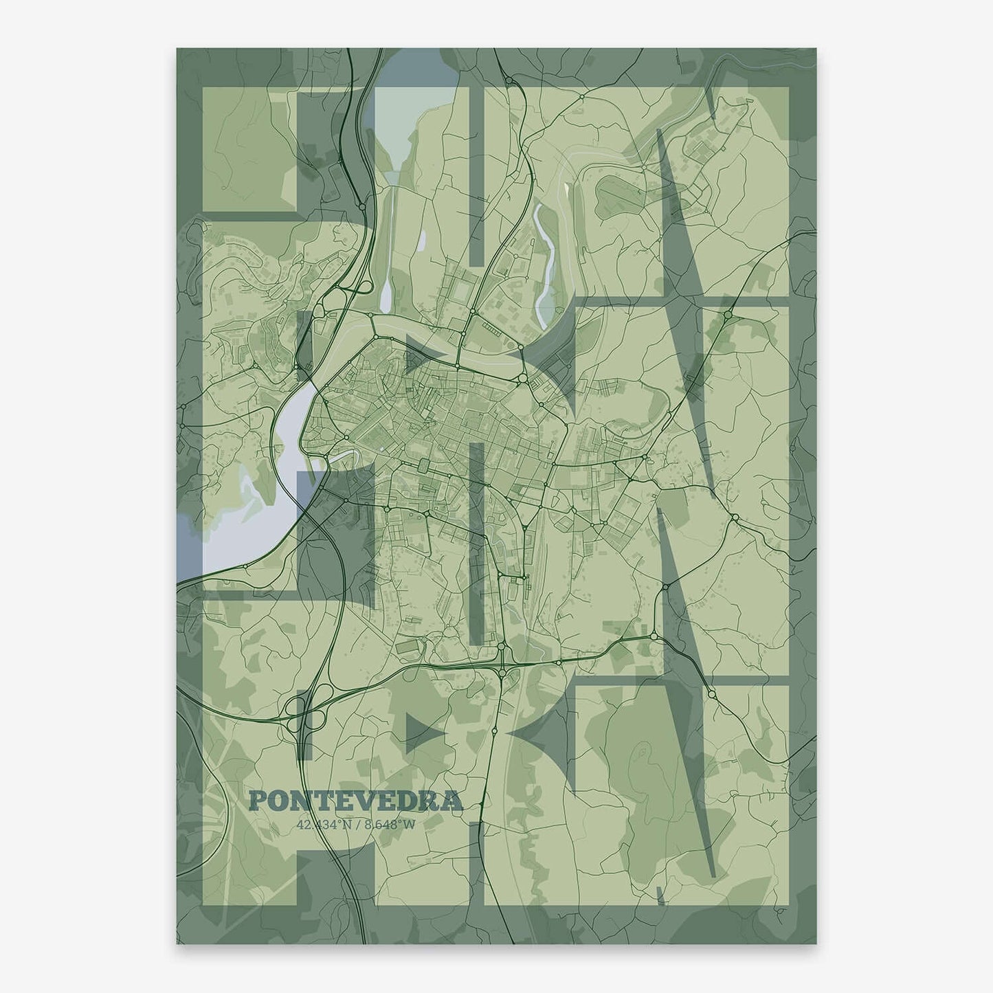 The map of Pontevedra composed with letters from its name or IATA code printed on two green tones