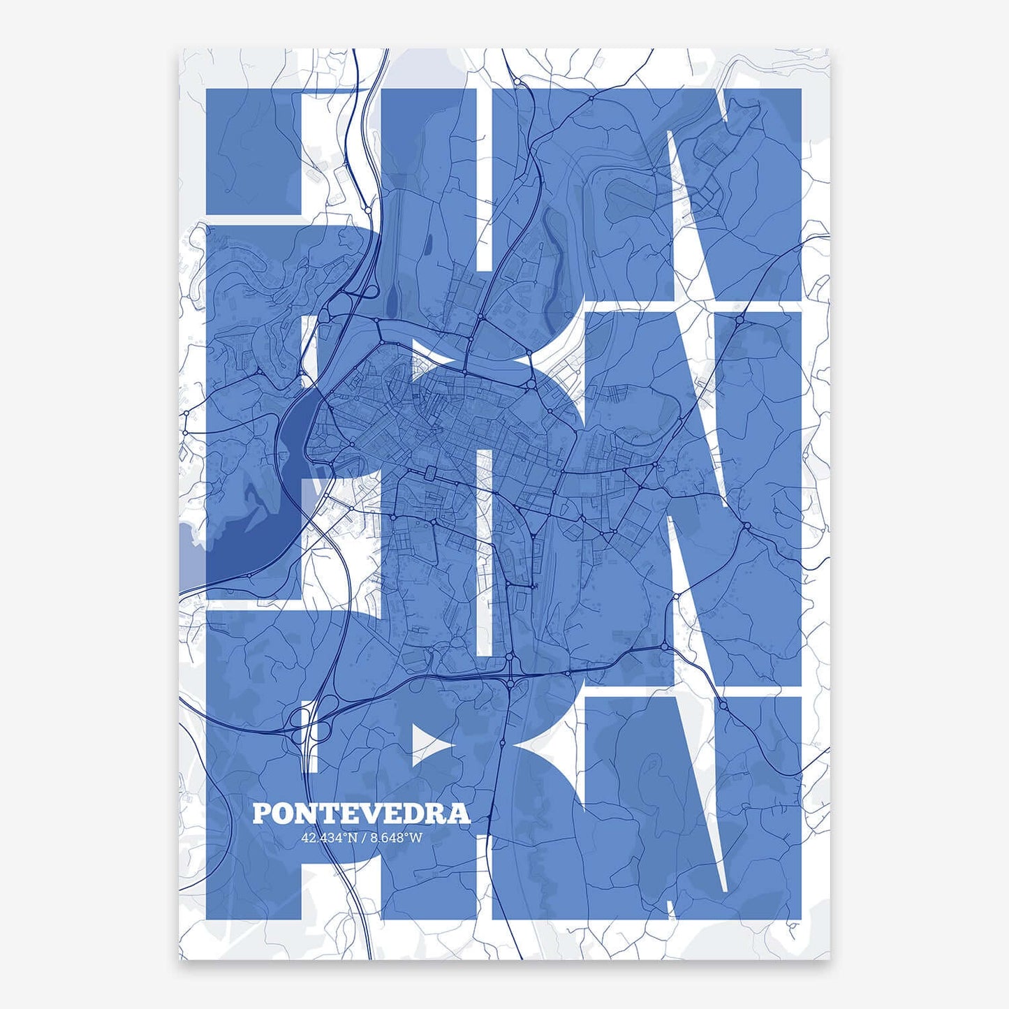 The map of Pontevedra composed with letters from its name or IATA code printed on navy blue and white