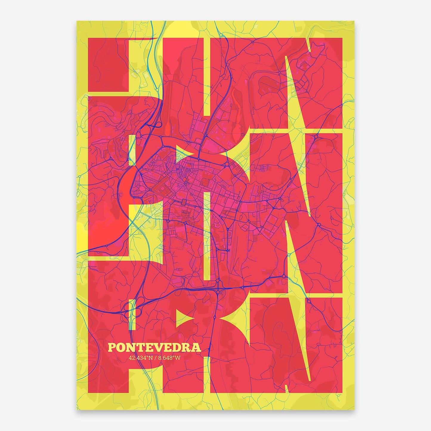 The map of Pontevedra composed with letters from its name or IATA code printed on yellow and fuchsia