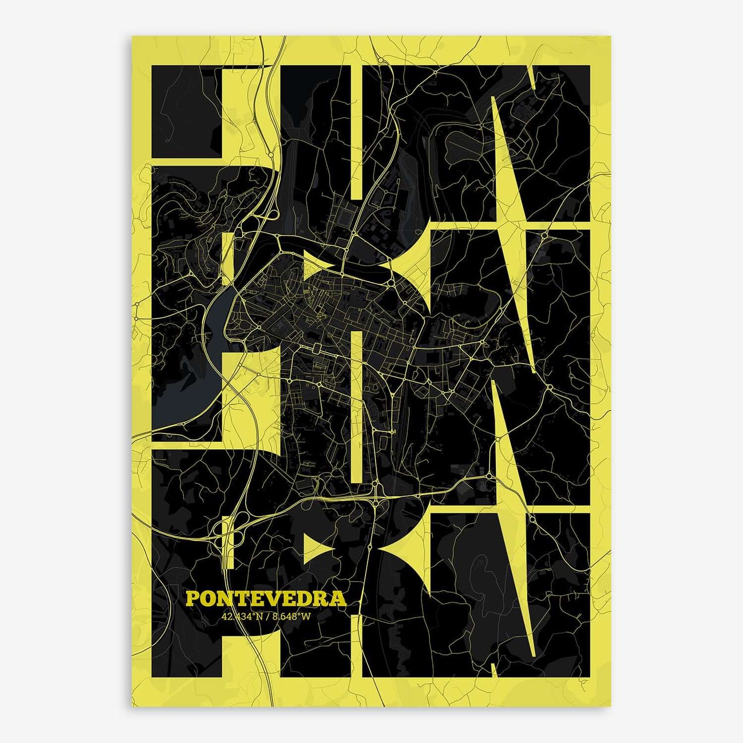 The map of Pontevedra composed with letters from its name or IATA code printed on black and yellow