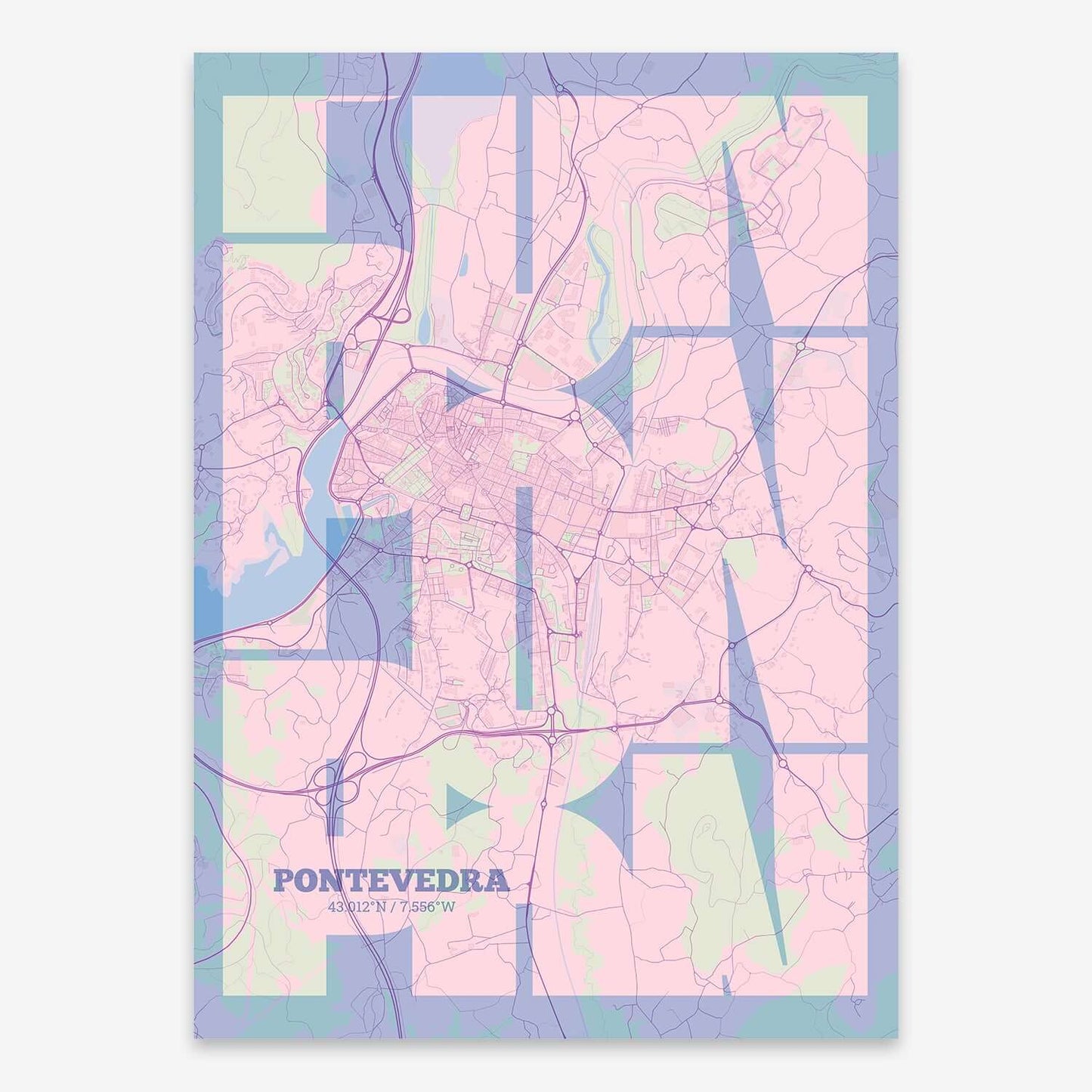 The map of Pontevedra composed with letters from its name or IATA code printed on pink and light blue