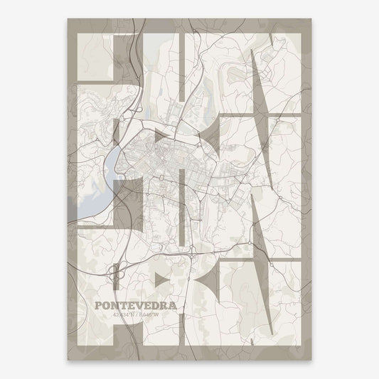 The map of Pontevedra composed with letters from its name or IATA code printed on light brown and an off-white background