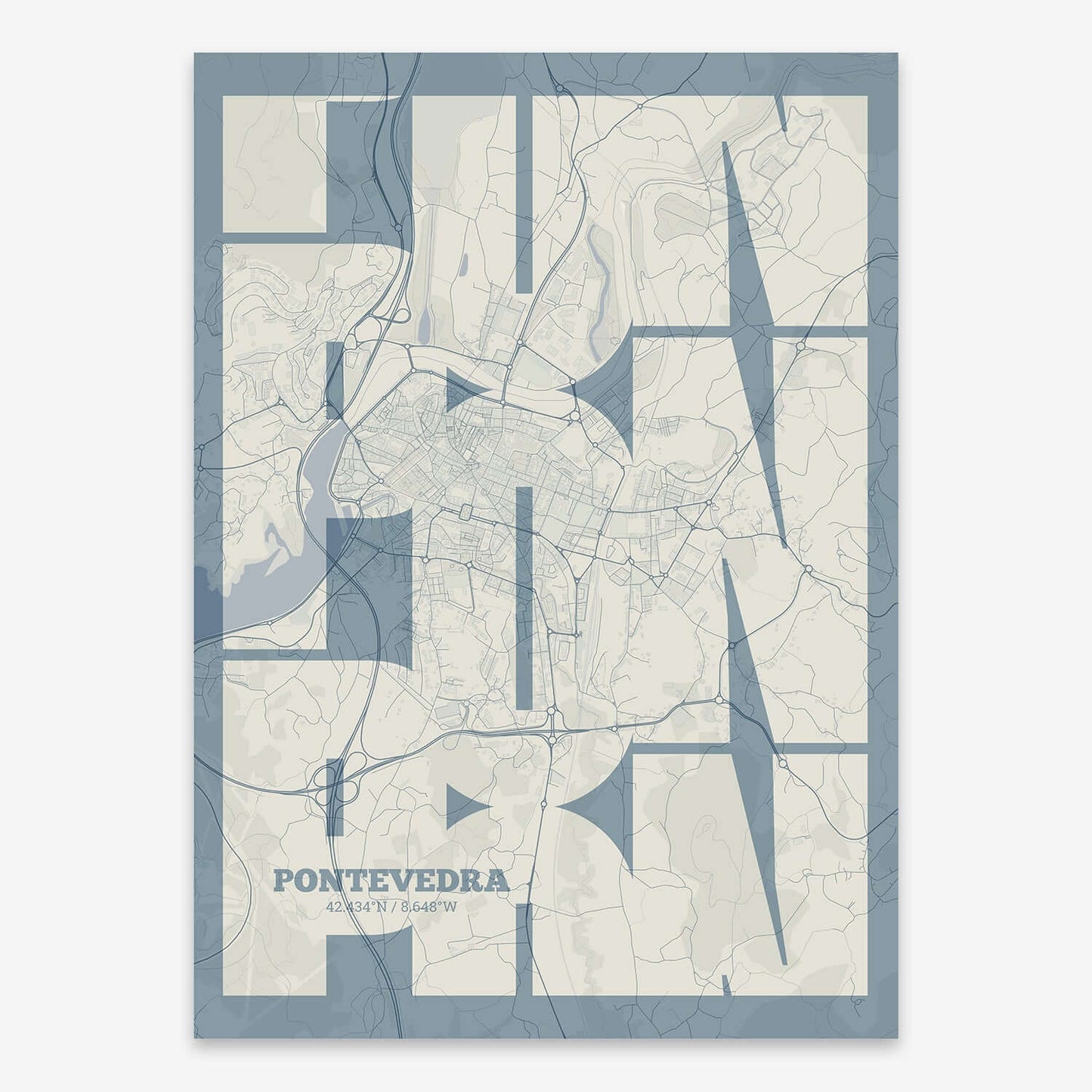 The map of Pontevedra composed with letters from its name or IATA code printed on bluish gray and an off-white background