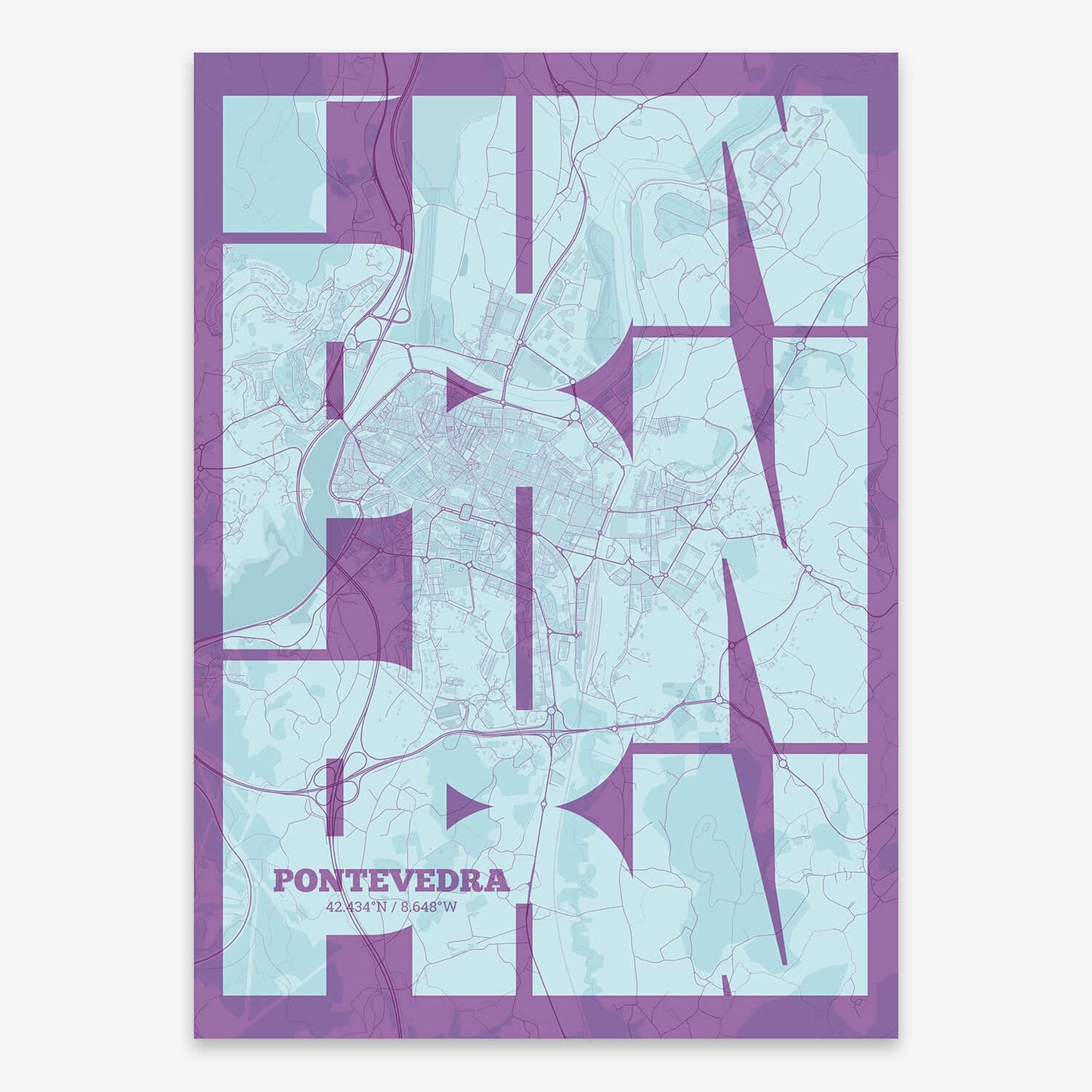 The map of Pontevedra composed with letters from its name or IATA code printed on purple and light blue